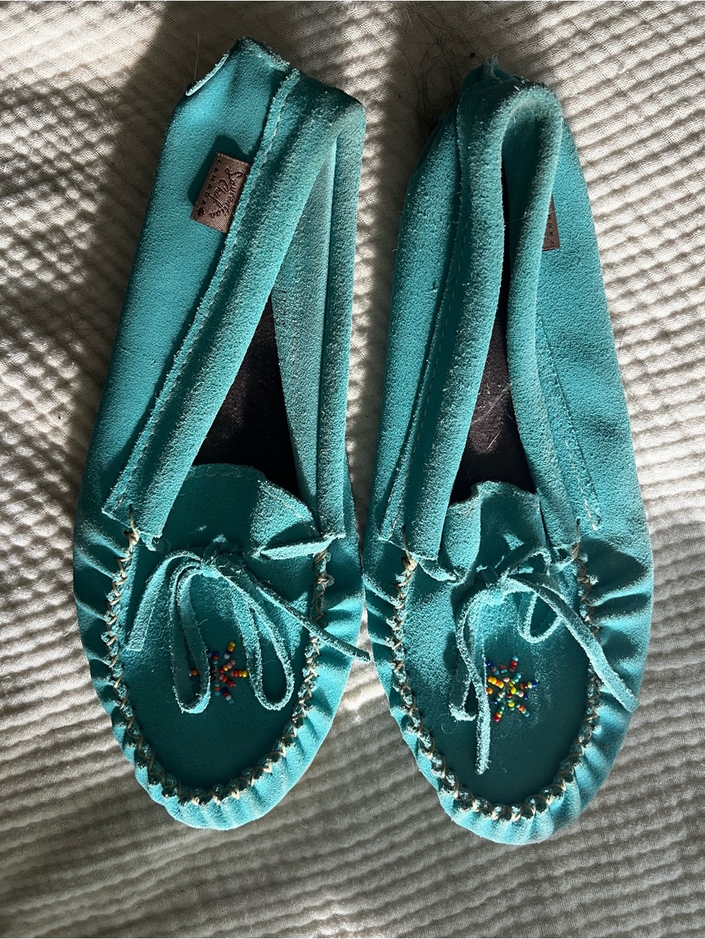 Turquoise Women’s Moccasin Slippers with Beaded Detail